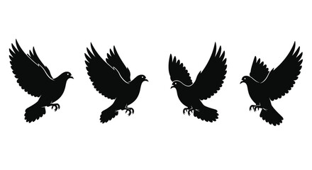 Obraz premium Four black silhouettes of doves in mid-flight against a white backdrop symbolizing peace and freedom vector