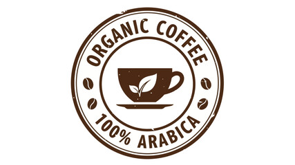 Vector illustration of an organic coffee badge, elegantly designed with a rustic, vintage stamp aesthetic, highlighting 100% Arabica beans. Features a stylized coffee cup adorned with a delicate leaf