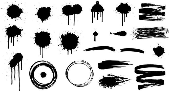 Spray graffiti element set, can splatter vector brush drip freehand kit, urban street black grunge. Cool hand writing stain splash, dirty messy airy ink stroke and circles. Spray graffiti dark splash
