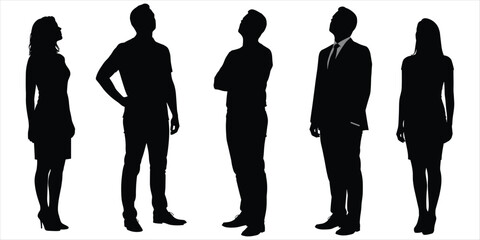 Five business people silhouettes in profile and front view on white group