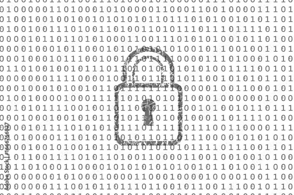 Poster concept of cybersecurity illustrated by binary code forming a lock on a white backdrop.