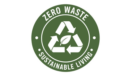Vibrant green circular graphic advocating for zero waste and sustainable lifestyle choices, featuring a prominent recycling arrow emblem with a natural leaf motif