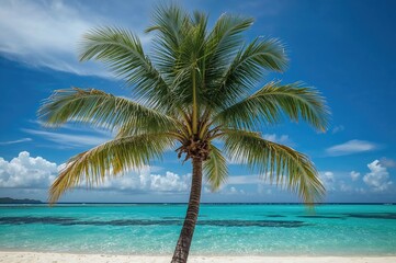 Fototapeta premium Tropical palm tree by the ocean shore with lush greenery and summer vibes