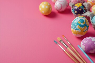 Painting Easter eggs using brushes against a pink background