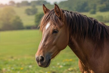 Close-up view of a horse's face with a lush green field background