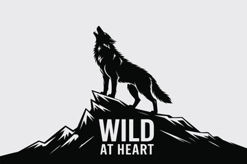 Silhouette of a howling wolf standing on a mountain peak, embodying the spirit of the wild at heart © Antu
