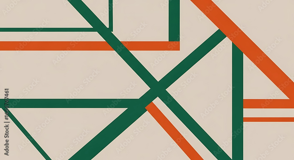 Poster abstract composition featuring intersecting green and orange lines on a beige background