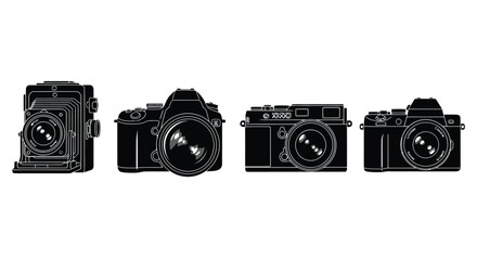 Vintage camera collection displayed row of classic analog photography devices past eras vector
