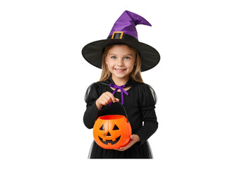 Young witch with pumpkin lantern smiling ready for halloween trick or treating festive celebration transparent background