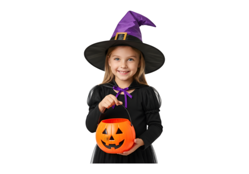 Young witch with pumpkin lantern smiling ready for halloween trick or treating festive celebration transparent background