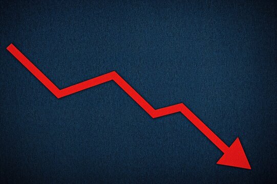 Financial market downturn and decline, economic instability and investment hazards, volatility and fluctuations theme, businessman facing uncertainty with falling red arrow