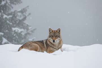 Fototapeta premium Snowy Pause of a Wild Coyote
