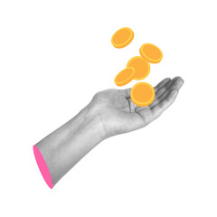 Financial assets, isolated money gold coins in hand. Vector economy and wealth, richness and banking. Payment or saving of precious metal, halftone collage. Economic growth and stability