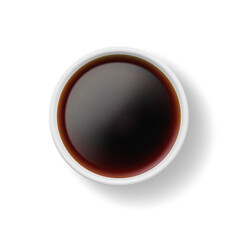 Balsamic vinegar or seasoning for salads. Vector realistic isolated icon of bowl with soy sauce for dishes and meal. Dressing or dip for food, culinary ingredient, salty or spicy liquid