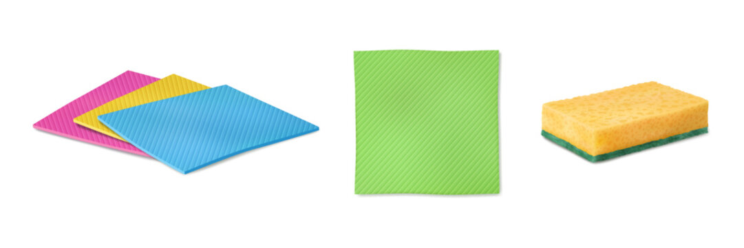 Cleaning fabric cloth, sponge for removing dust from surface. Vector in realistic style, housework and sanitary rag for housekeeping home tidiness. Chores equipment and accessories for wiping