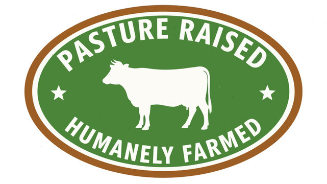 Green oval graphic emblem with a cow silhouette, representing pasture-raised and humanely farmed livestock. Artwork for ethical food sourcing and sustainable agriculture