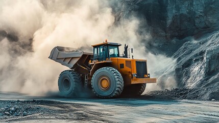 Photo realistic scene of a large wheel loader scooping gravel at a busy quarry site, with dust and heavy equipment in action.