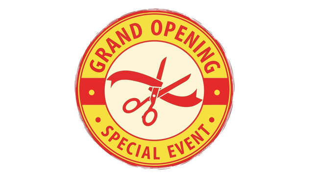 Vibrant retro-inspired grand opening special event illustration featuring scissors cutting a celebratory red ribbon, perfect for business launch announcements