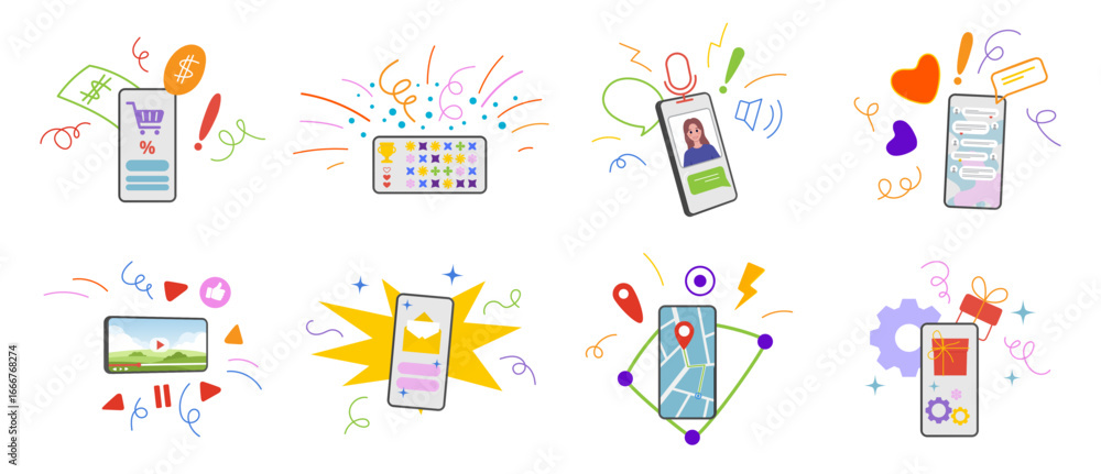 Poster smartphones set with gradient screens. vector isolated phones with doodles and line, hearts and doll