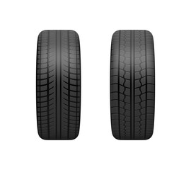 Black rubber car tires with pattern. Vector realistic set of automobile protectors, vehicle or truck maintenance and spare parrs for driver. Front view of round rings for auto or sportscar © Sensvector