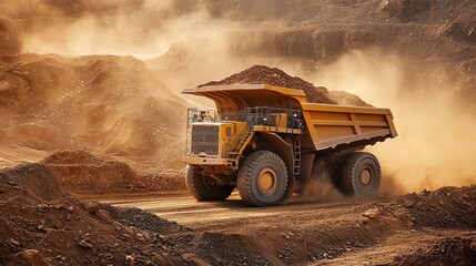 Obraz premium A heavy-duty dump truck loaded with ore maneuvers through a dusty mining road, showcasing motion blur and ultra-detailed imagery.