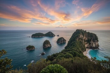 Stunning ocean panorama featuring cliffs and nearby islets at a renowned sunset spot.