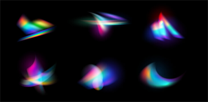 Rainbow crystal light leak with rainbow effect, isolated realistic flare reflection collection. Vector set of colorful optical radiances, beams, lens lusters overlay streaks, spectrum glow