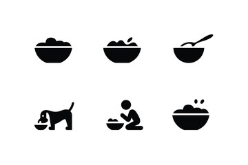 Illustration of a bowl of food, a dog eating from a bowl, and a person eating from a bowl