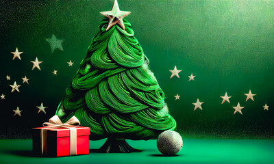 green christmas tree decorated with gold stars and a red gift box, made from yarn, against a backdrop of sparkling silver bokeh