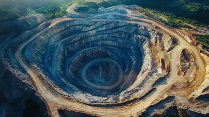 Breathtaking aerial view of a massive diamond mine crater with a winding road leading to its depths, showcasing stunning ultra HD detail.