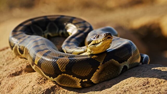 Close-up of a large anaconda snake basking on a rock in sunlight, showing its scales and pattern