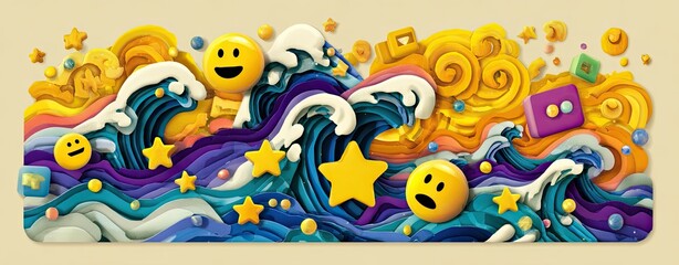 Obraz premium Colorful emoji waves with stars and swirls