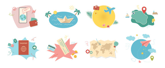 Summertime vacation, weekends and trips. Vector flat style, isolated set of signs. Tickets and boarding passes, passport id document, mobile application for travelers, credit card trendy wanderlust