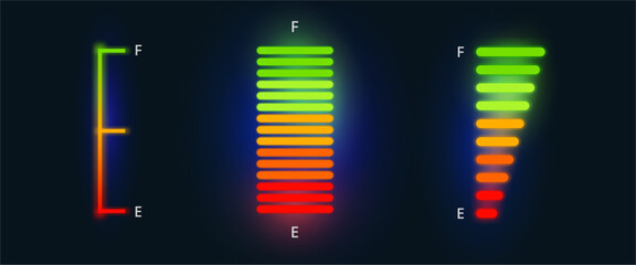 Fuel gauge set with neon interface. Vector charging indicator for electrified car. Counter dial, electric power measurement. Quantification panel for energy control, vehicle dashboard. © Sensvector