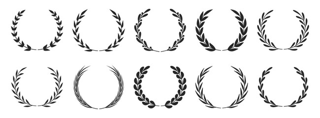 Laurel wreaths set, winner award for victory and success in circular form with stylized leaves. Vector isolated symbols of triumph, honor and status. Champion prize of ancient Greece and Rome