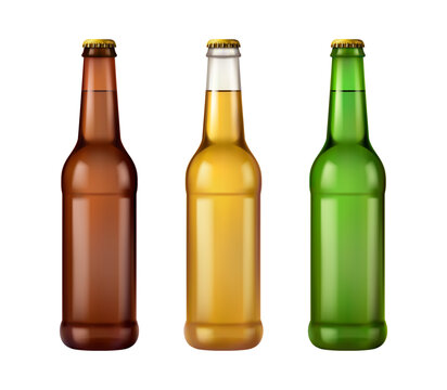Empty glass bottles of beer, isolated set of alcoholic beverage packaging. Vector in realistic style, mockup or copy space for craft brewery logo or text. Advertising of refreshing alcohol