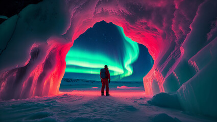 Fototapeta premium Vibrant Northern Lights Framed by Icy Cave Entrance