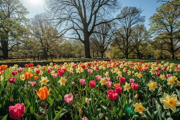 Lovely spring blossoms and lush greenery in a bright park