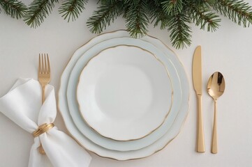 Festive dinnerware set for a winter holiday night. Elegant white and pale blue dishes adorned with gold trim, accompanied by a white cloth napkin and golden cutlery. Sprig of evergreen pine.