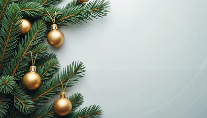 Christmas tree branches with golden ornaments on grey background  