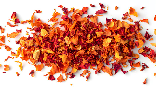 Bright orange and red dried safflower petals scattered on a white backdrop, creating an organic and vibrant display.