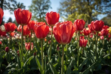 Obraz premium Stunning red tulips blooming in a vibrant garden setting during spring and summer