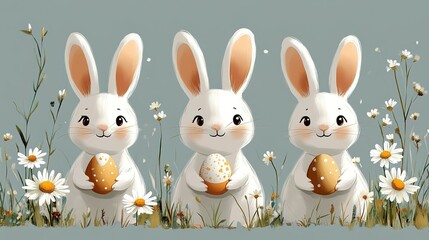 Vector Flat Color Cute Cartoon Easter Bunnies: Three White Rabbits (Orange Ears, Cream Accents) Holding Eggs, with Daisies, Blue Sky Simple Background, No Shadows, Transparent PNG File (No Text)