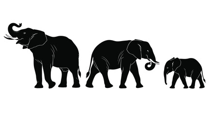 Obraz premium Three silhouetted elephants walking together family herd wildlife safari african animals majestic mammals vector