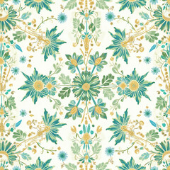 Fototapeta premium Background, fabric pattern, vector, flowers, green flowers, yellow flowers, blue flowers, cosmos, blooming flowers, nature Generative AI 