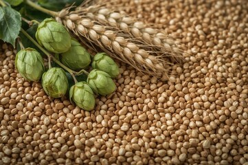 Naklejka premium Ingredients for beer making including hops and barley ears arranged on a pile of barley grains. Conceptual brewery backdrop with close-up of hop cones and barley.