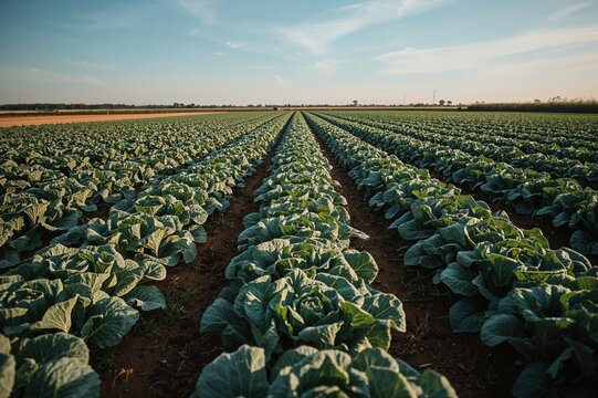 Aerial perspective of young cabbage beds on a farm, rows of cabbage crops in an agricultural field.