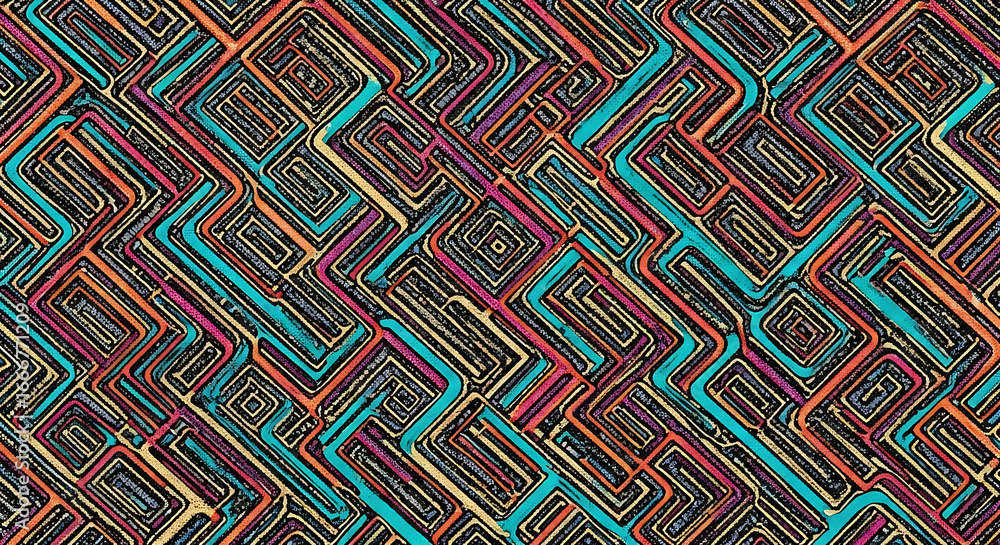 Poster a colorful abstract pattern with geometric shapes and lines creating a maze like design on a dark ba