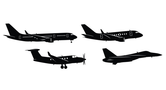 Collection of diverse aircraft silhouettes including jetliner propeller plane and fighter jet in flight vector