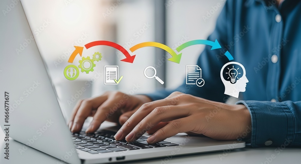 Poster person working on a laptop with a visual representation of a business process workflow, data analysi
